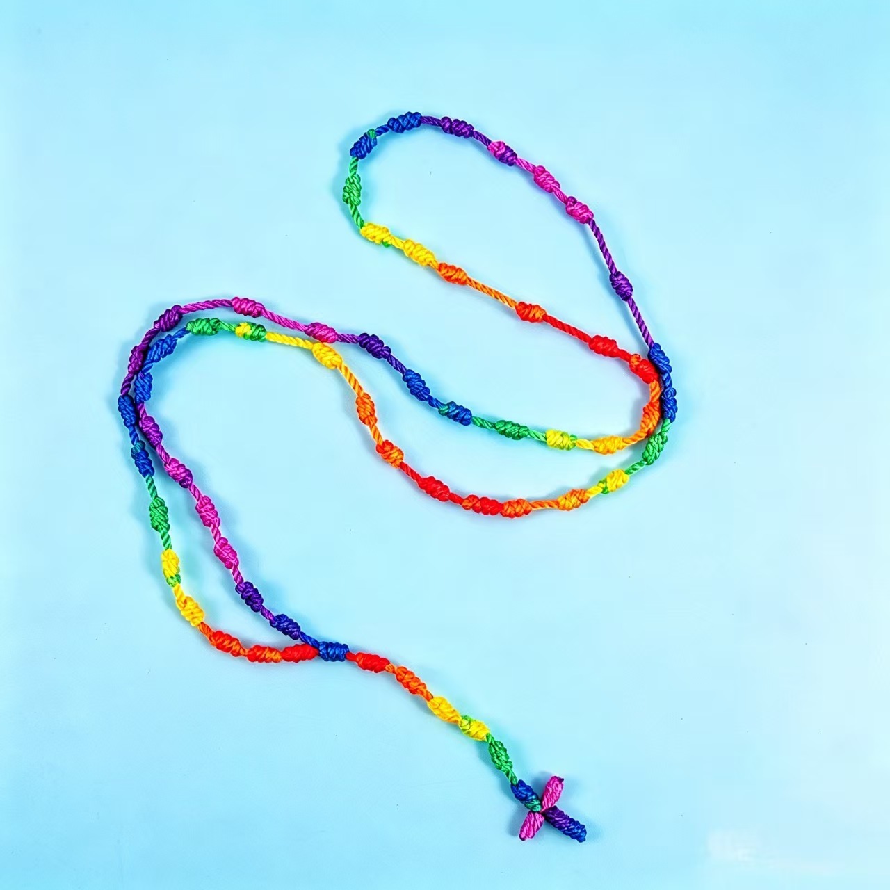 Hand-Knotted Beaded Cross Necklace, Non-Metal Bead Chain